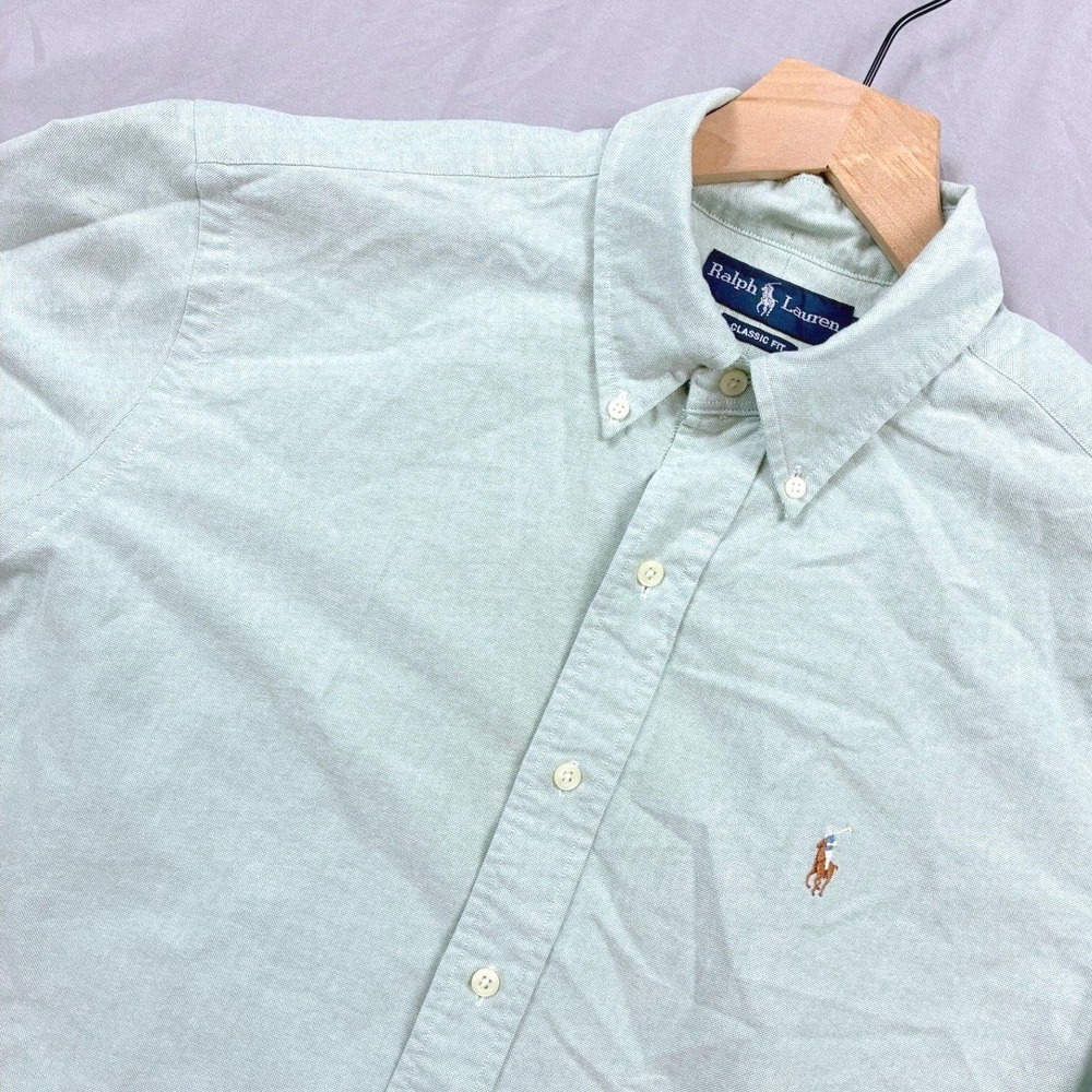 Ralph Lauren Button Down Shirt Classic Fit Green OCBD Large Flesh Pony Logo VTG